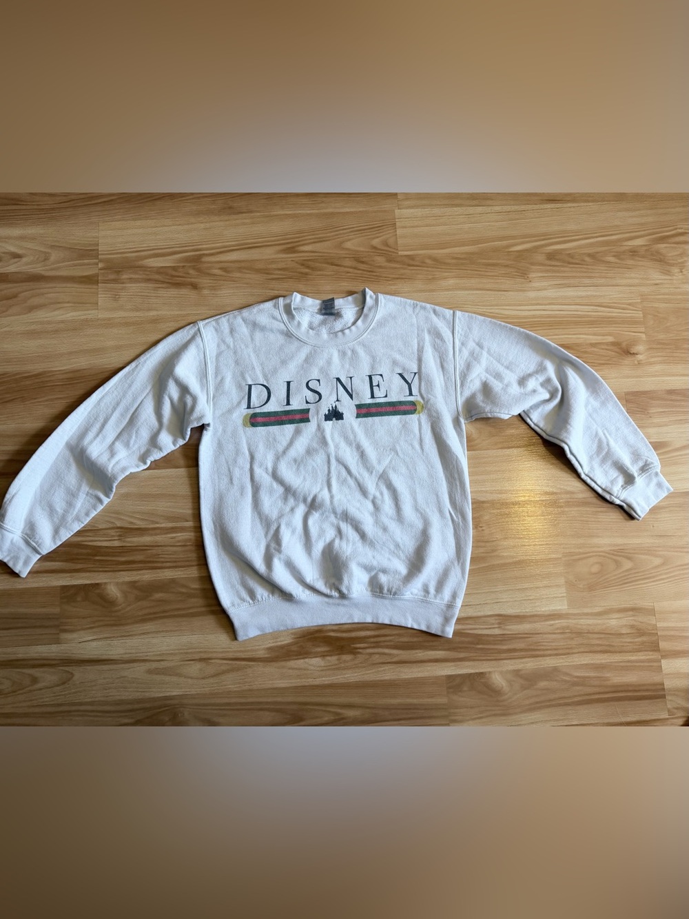 Gildan White Sweatshirt with Disney Logo and Red & Green Stripe Detail